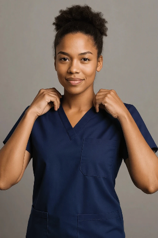 Woman wearing a navy scrub shirt
