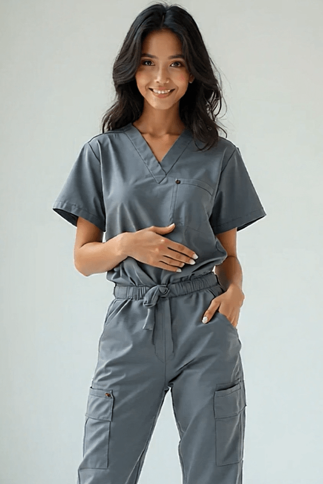 Woman wearing a Dark Gray Medical Scrub