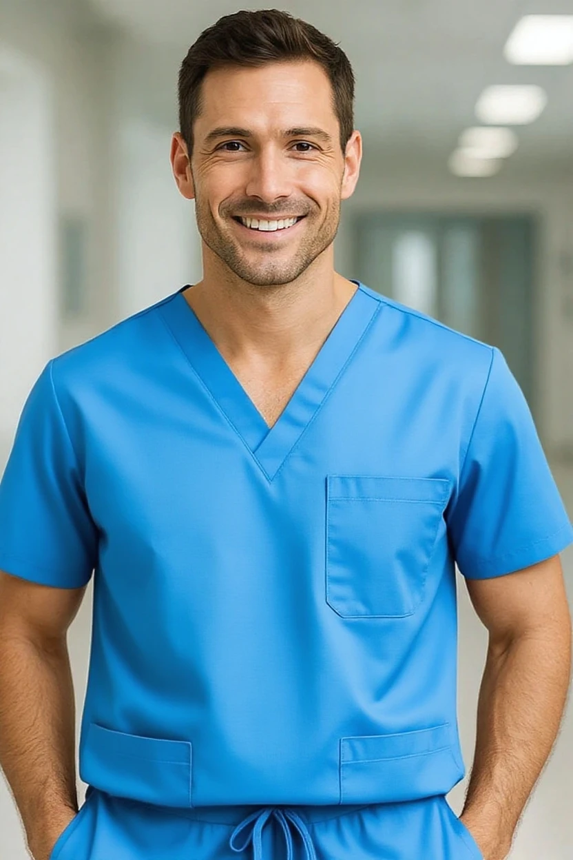 Man wearing blue medical scrubs in a hospital setting