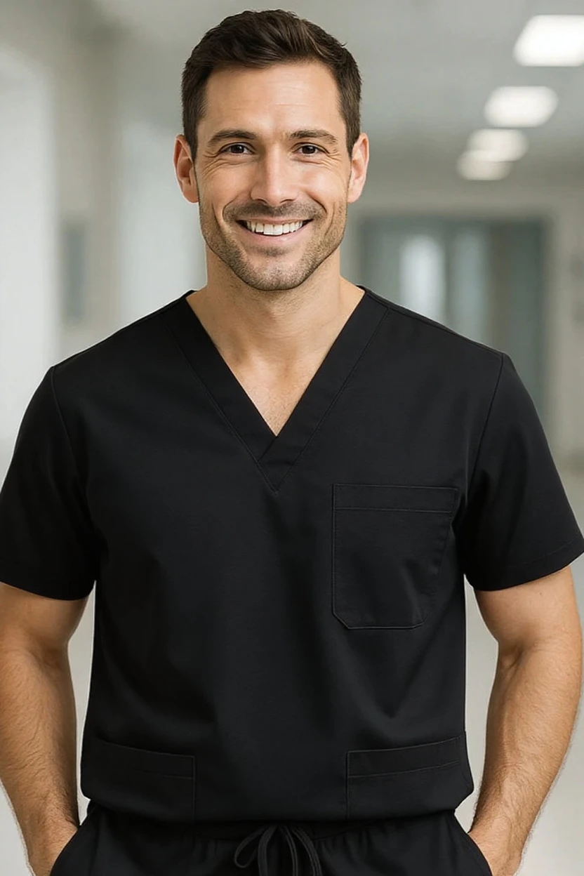 Man wearing black medical scrubs in a blurred indoor setting