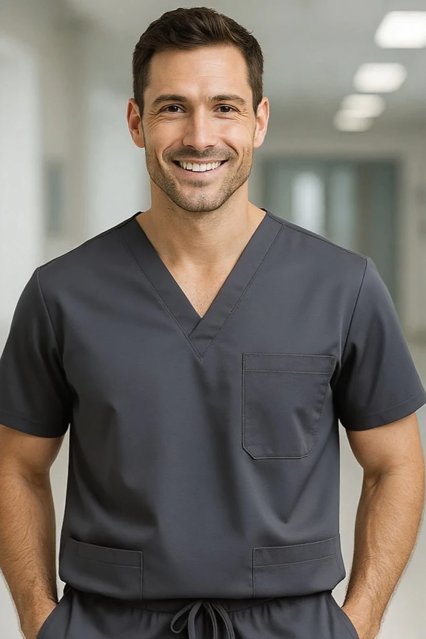 Man wearing dark gray medical scrubs in a hospital setting
