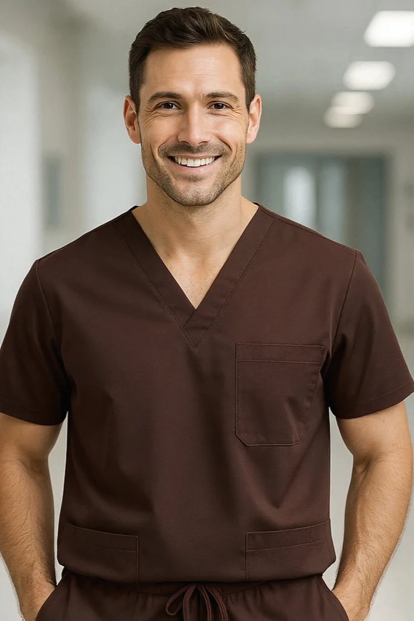 Man wearing brown scrubs in a hospital setting