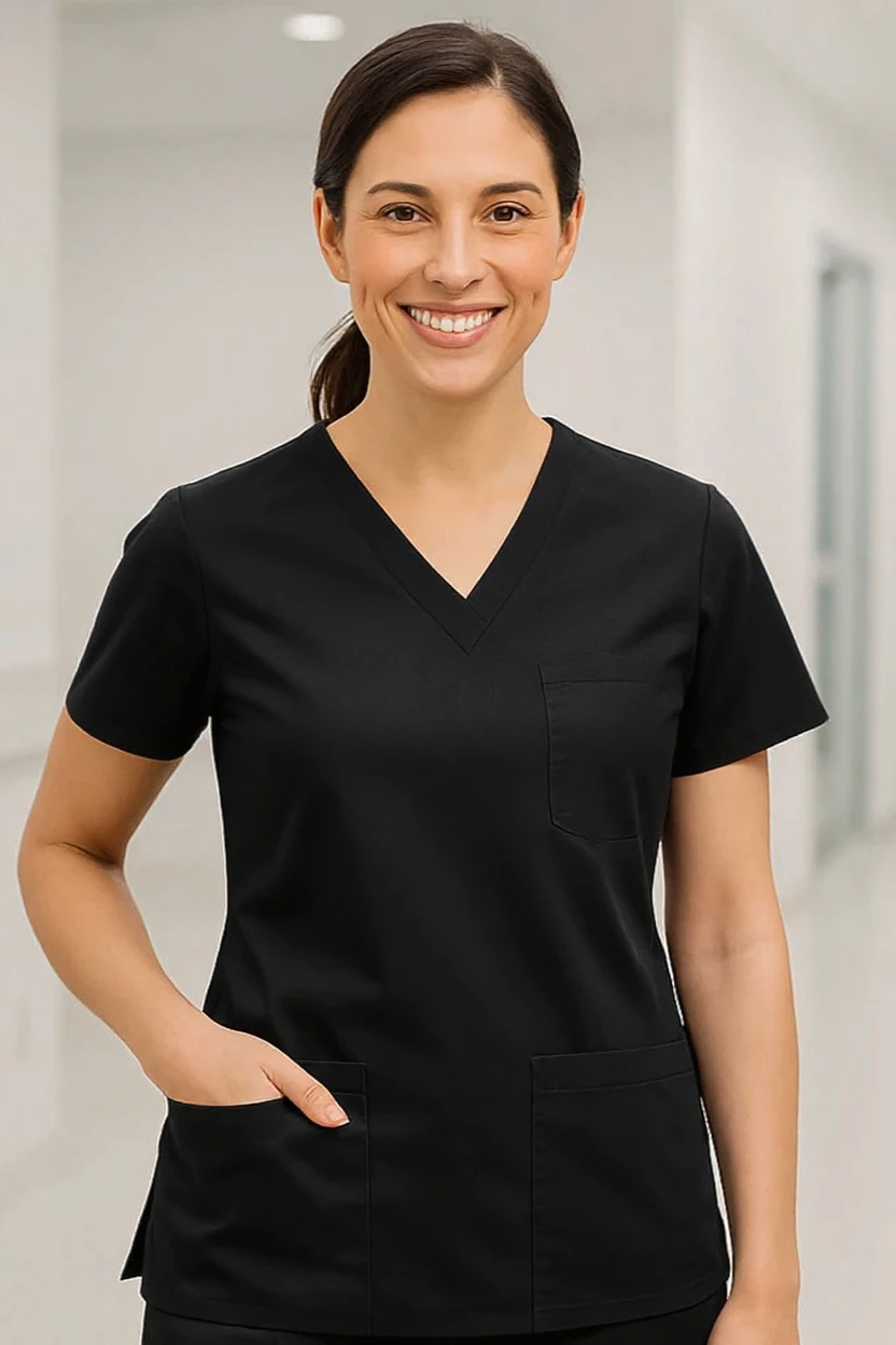 Woman wearing a black scrub top in an indoor setting