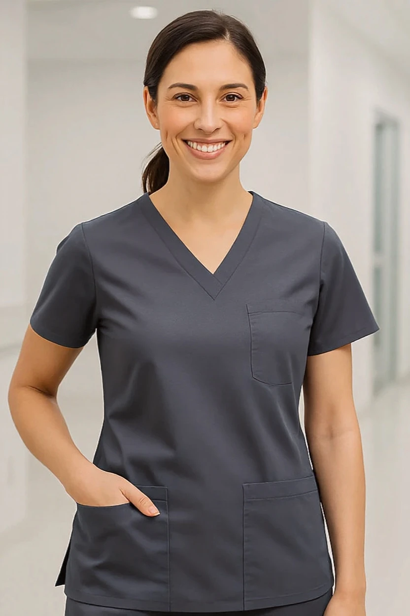 Woman wearing a dark gray scrub top with a neutral background