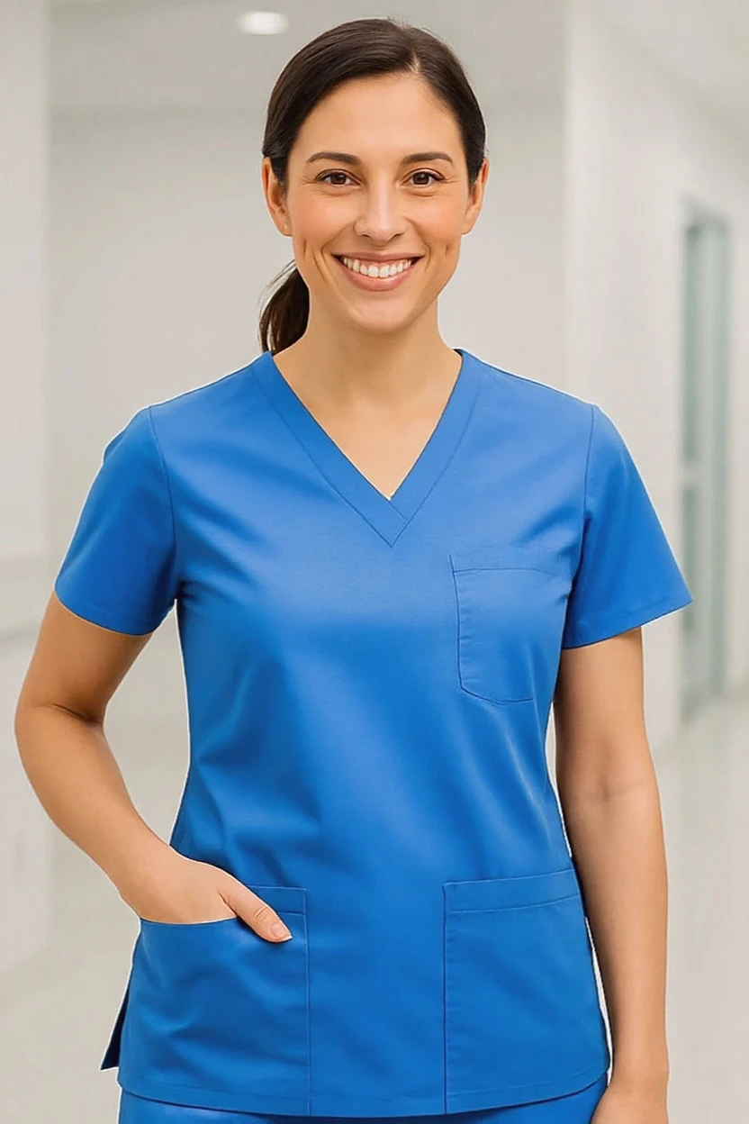 Person wearing a blue scrub top in an indoor setting
