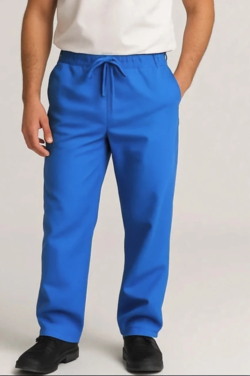 Person wearing blue pants and a white top on a plain background