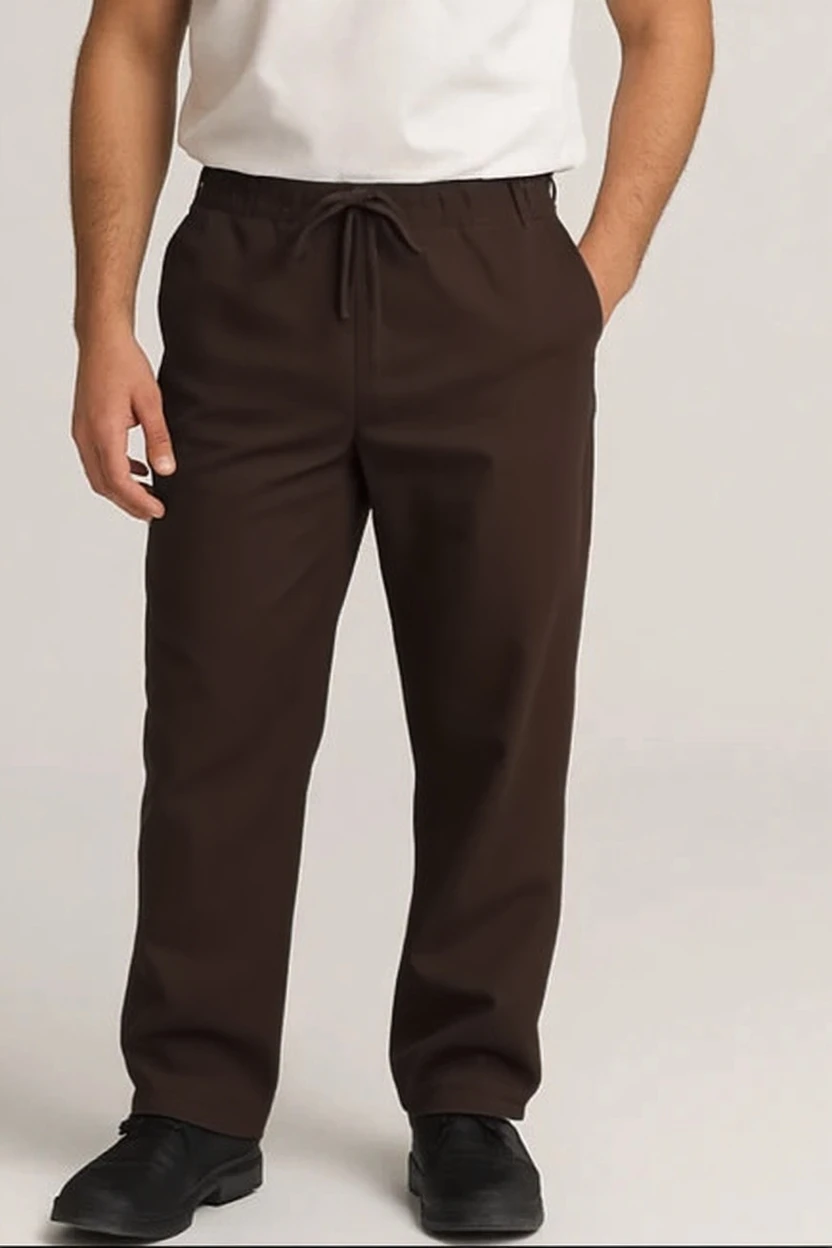 Brown pants worn by a person on a white background