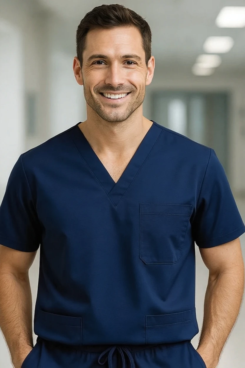 Man wearing navy blue medical scrubs in a blurred indoor setting