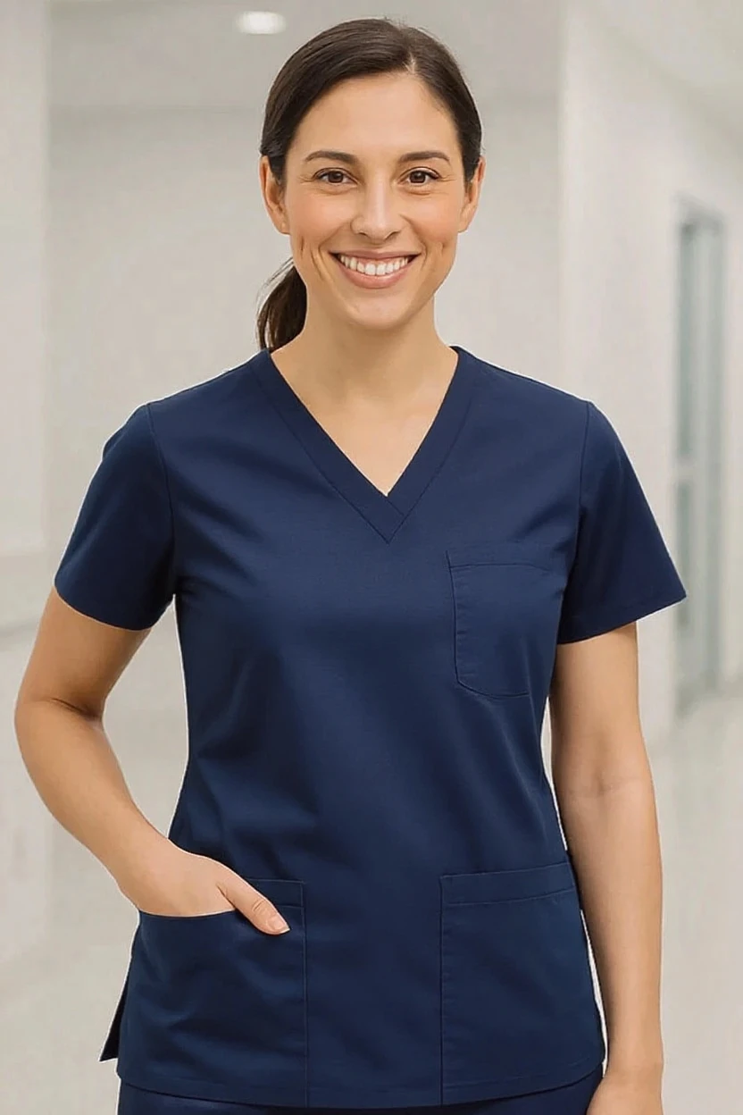 Woman wearing a navy blue scrub top in an indoor setting