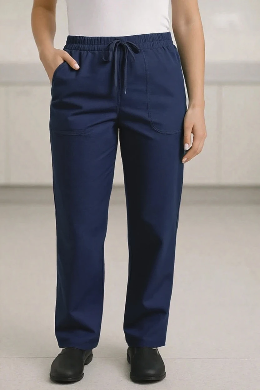 Navy blue pants worn by a person on a neutral background