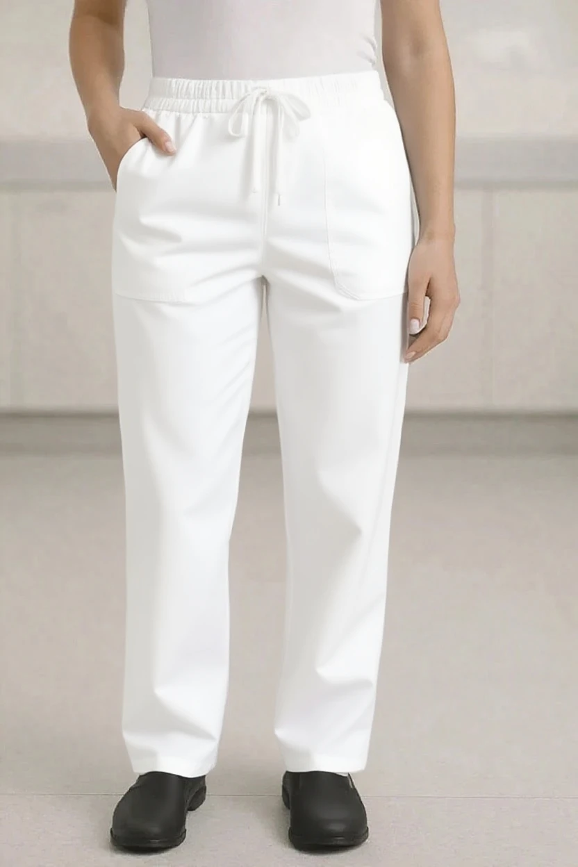 White pants worn by a person on a plain background
