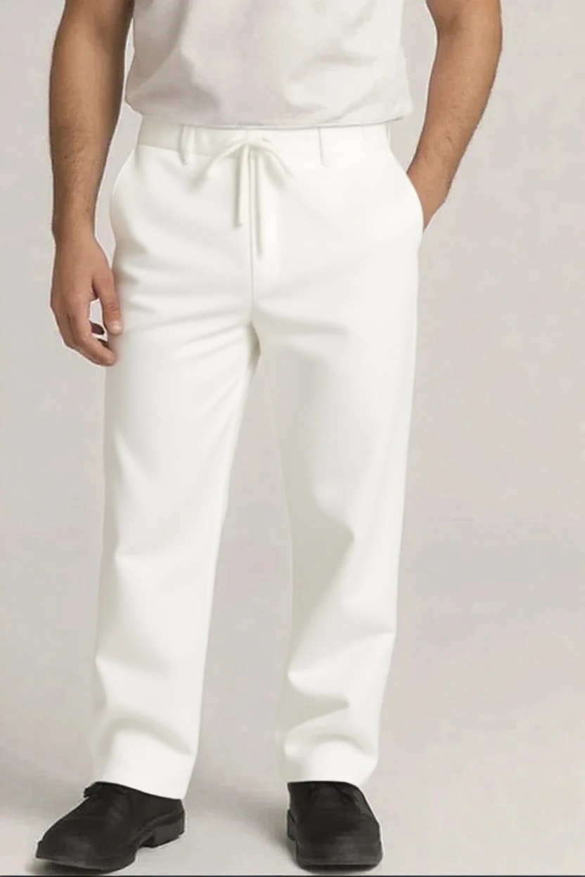 Person wearing white pants and black shoes on a plain background