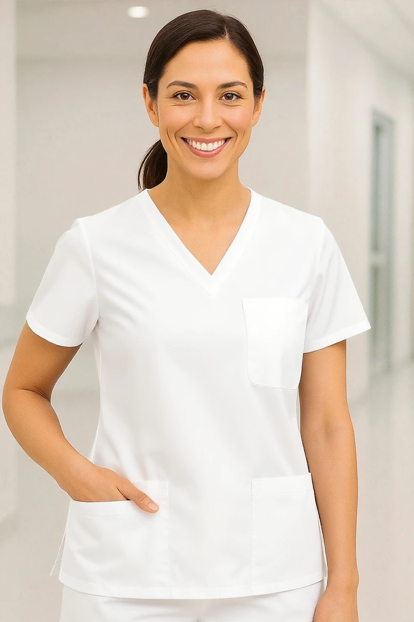 Woman wearing a white scrub top and pants in a neutral setting