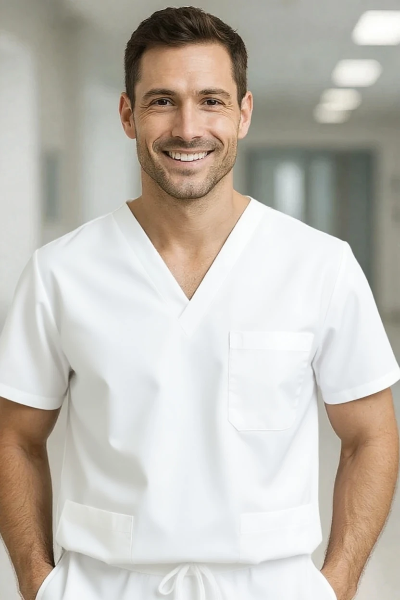 Man wearing white medical scrubs in a hospital setting