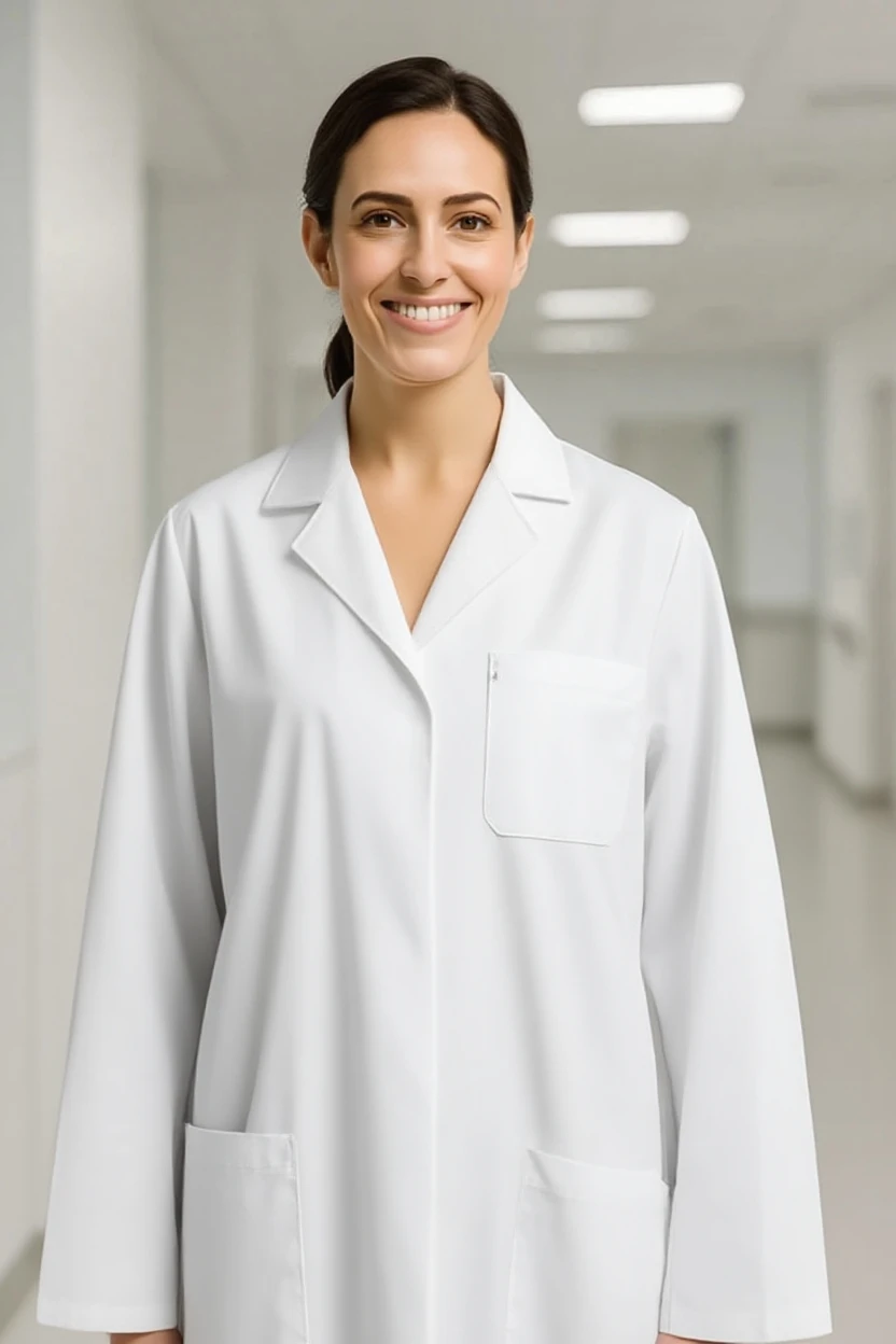 Person wearing a white lab coat in a clinical setting
