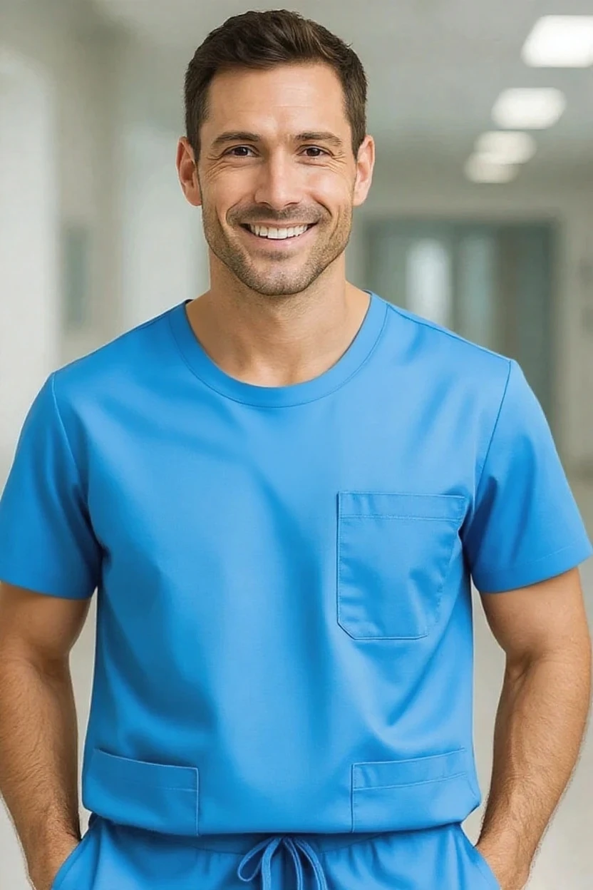 Man wearing blue scrubs in a hospital setting