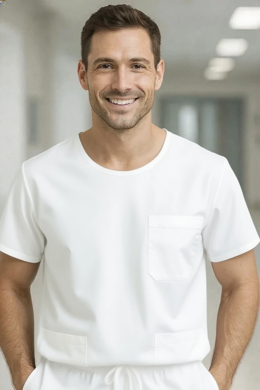 Man wearing a white t-shirt and pants in an indoor setting