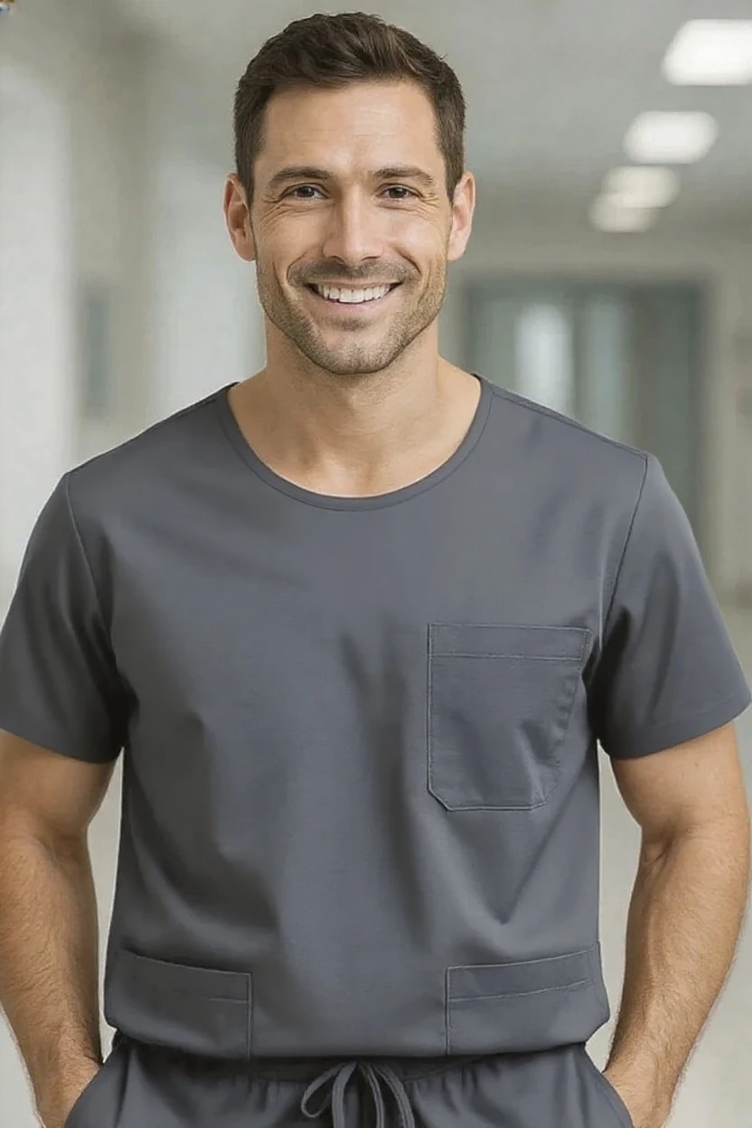 Man wearing gray medical scrubs in a hospital setting