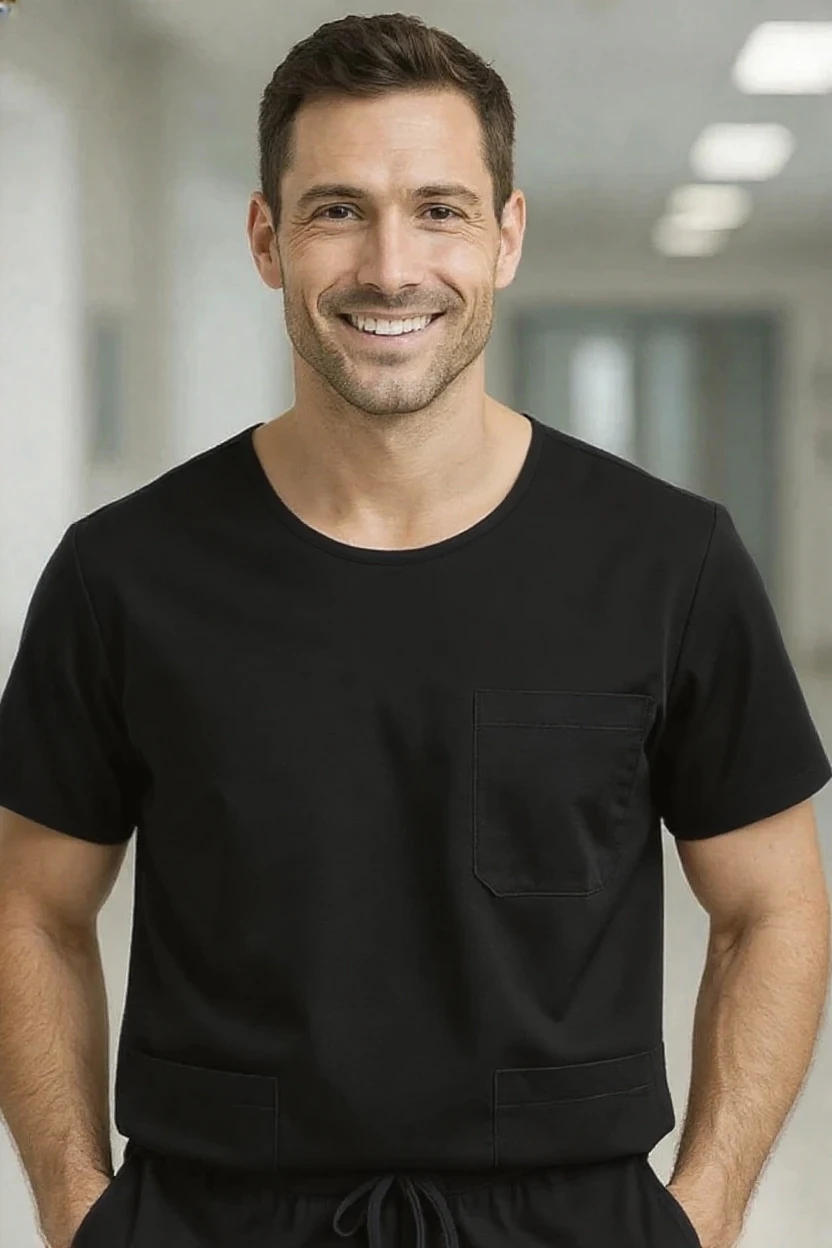Man wearing a black t-shirt in an indoor setting