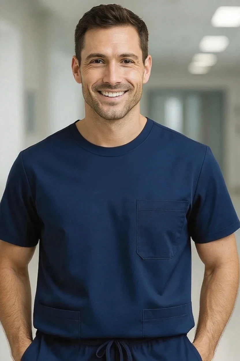 Man wearing a navy blue scrub set in an indoor setting
