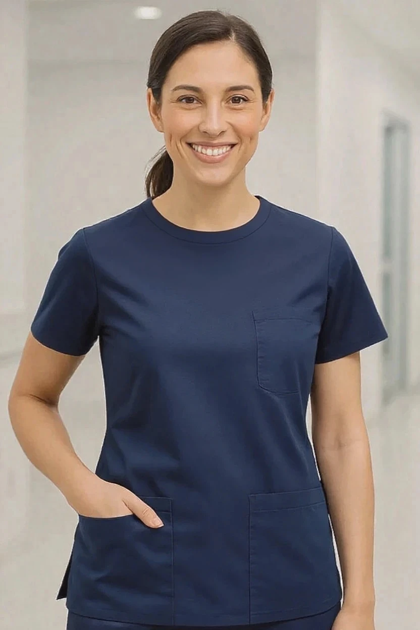 Woman wearing a navy blue scrub top with a neutral background