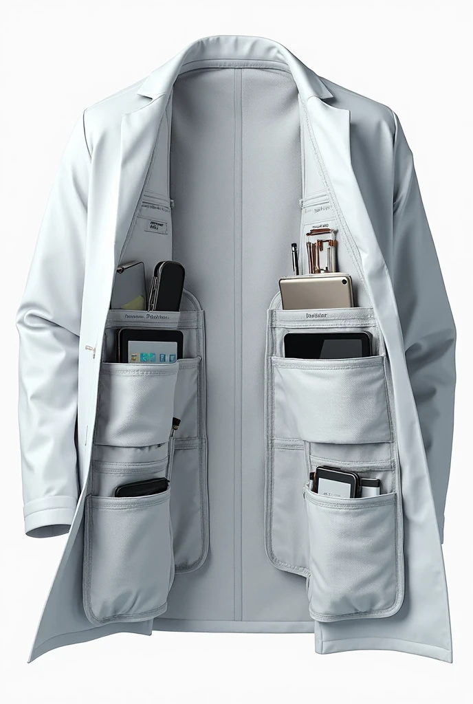 Light gray lab coat with multiple pockets containing various items on a white background