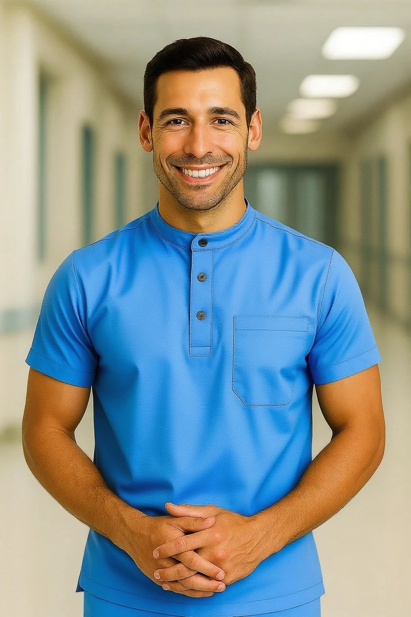 man wearing blue medical scrubs