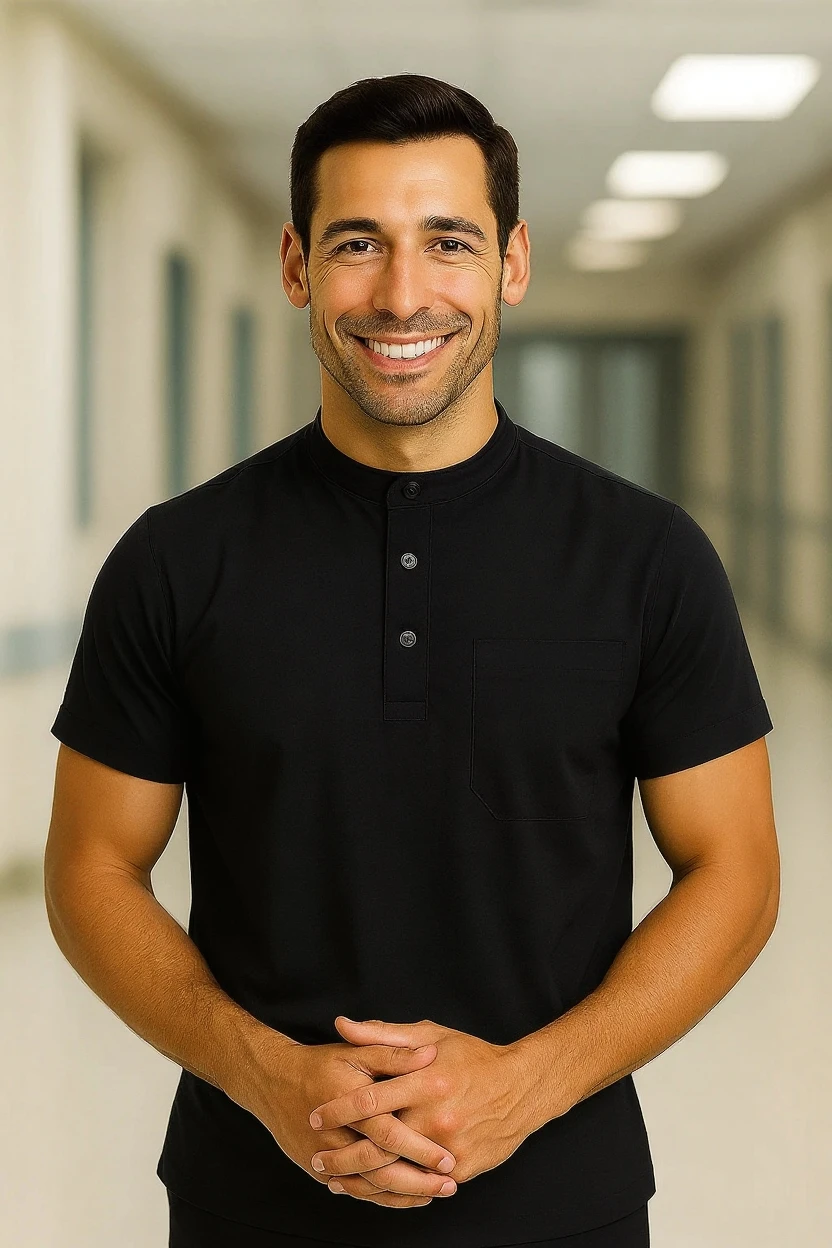 man wearing black medical scrubs