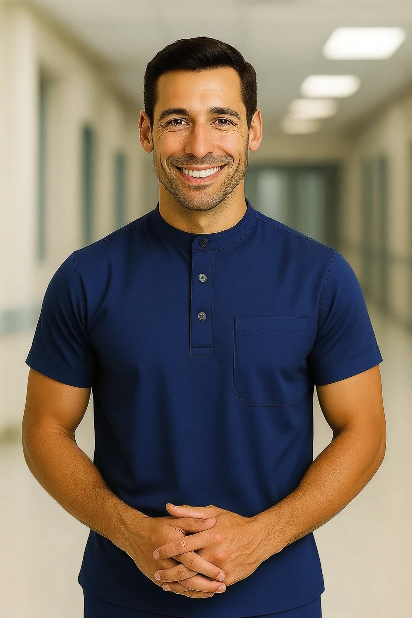 man wearing navy medical scrubs