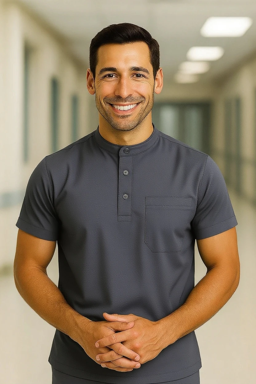 man wearing gray medical scrubs