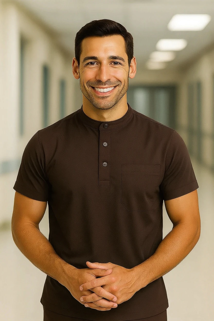 man wearing brown medical scrubs