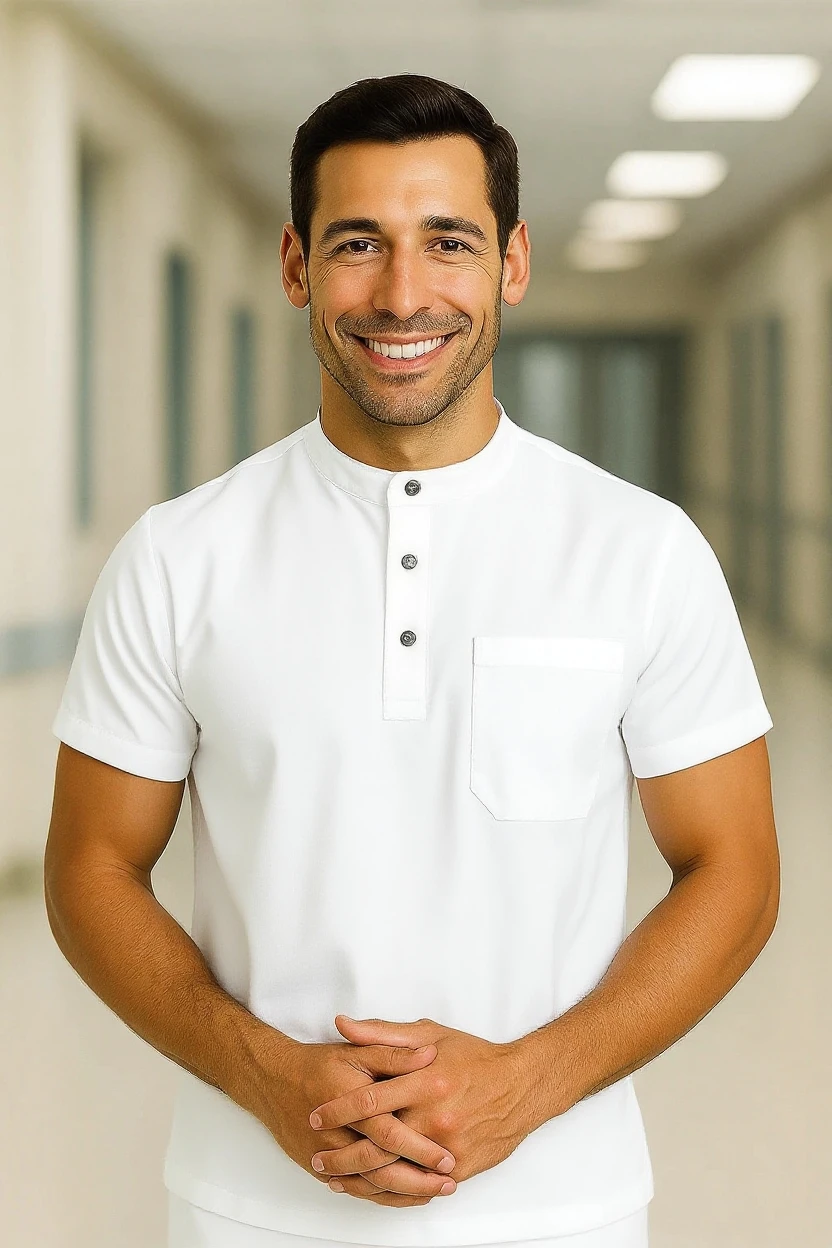 man wearing white medical scrubs