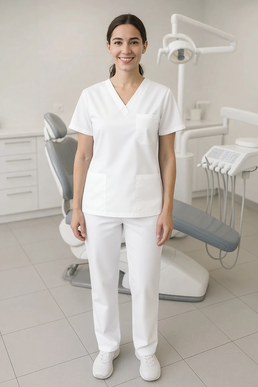 woman wearing a white v-neck scrub