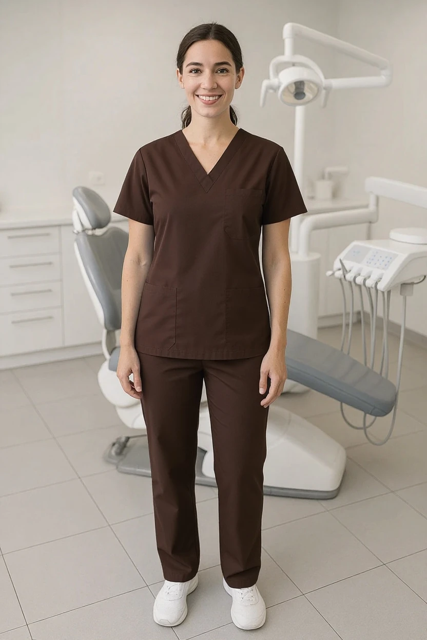 woman wearing a dark brown v-neck scrub