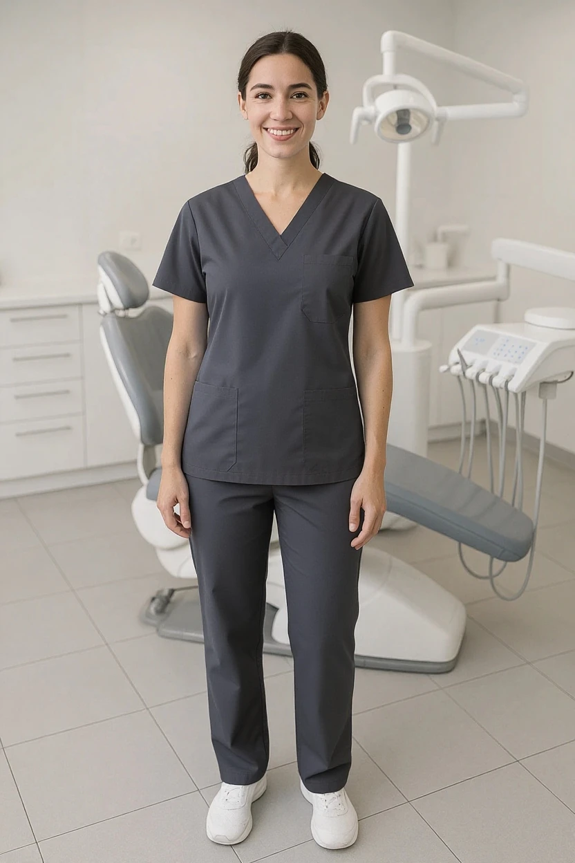woman wearing a dark gray v-neck scrub