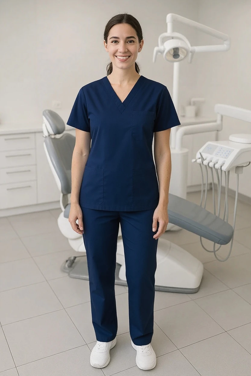 woman wearing a navy v-neck scrub
