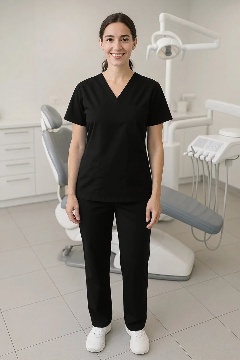 woman wearing a black v-neck scrub