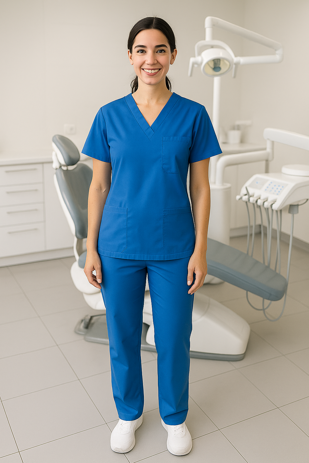 woman wearing a blue v-neck scrub