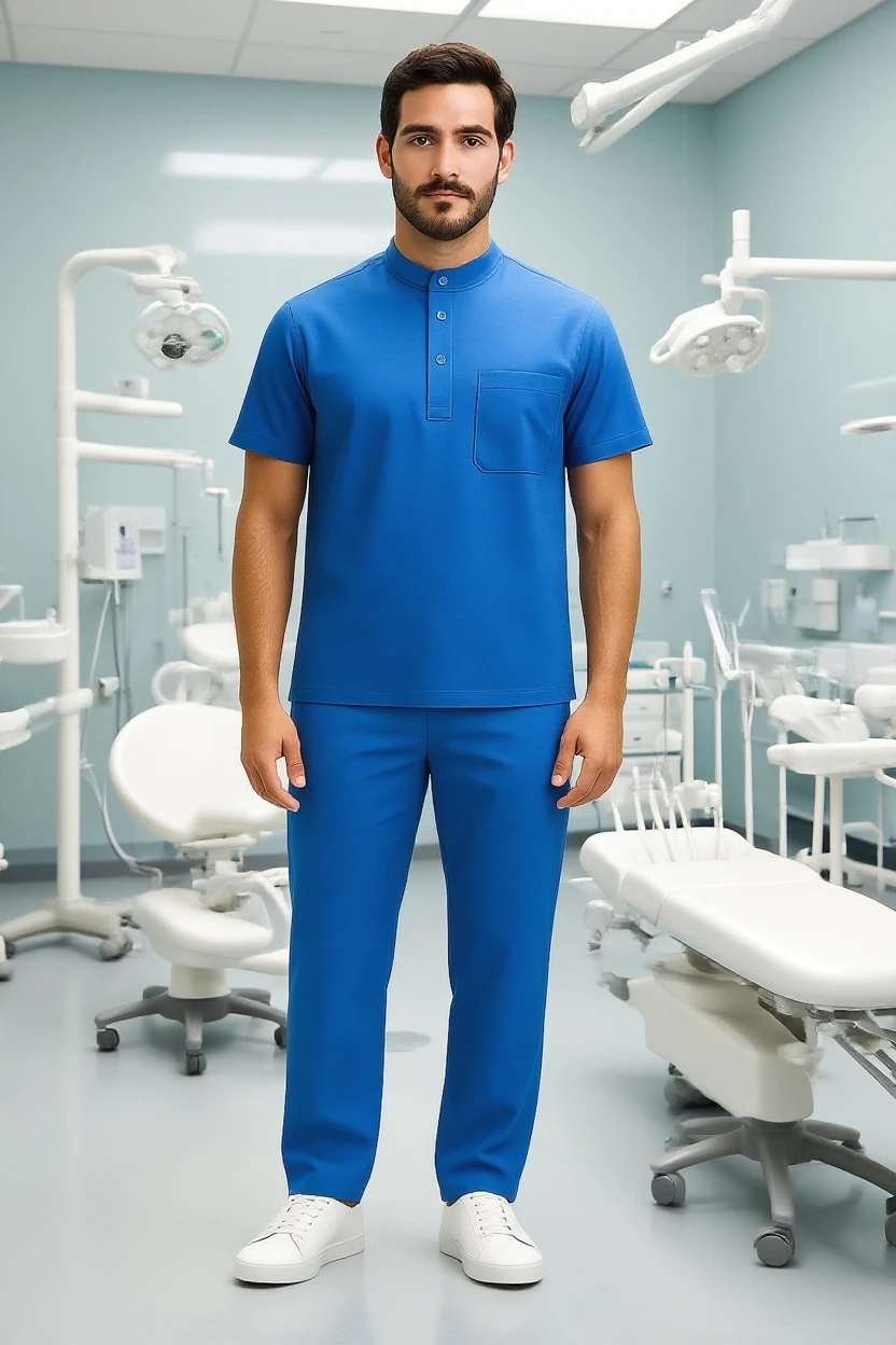 Men's Medical Scrub Full Outfit (Buttoned Neck Shirt + Pants)