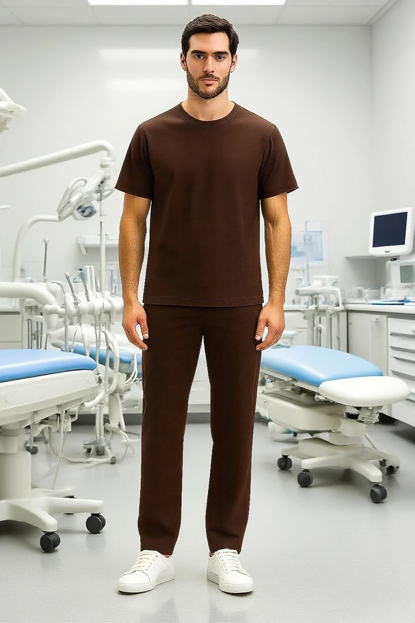 man wearing dark brown medical scrub