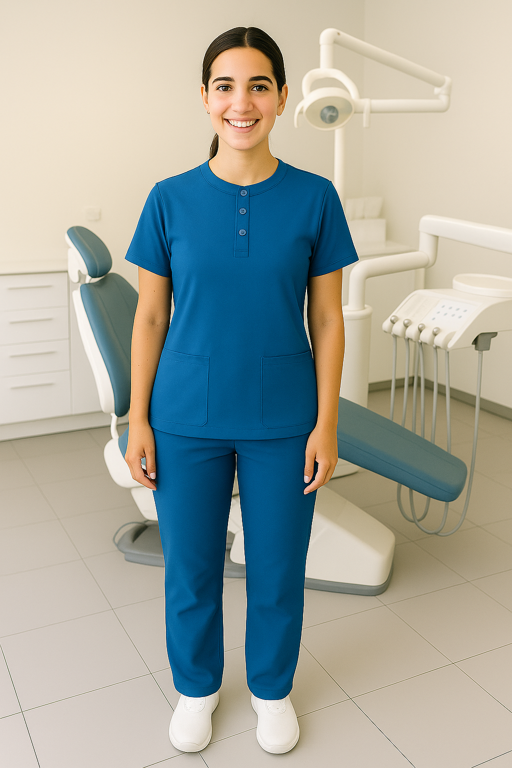 woman wearing blue medical scrubs