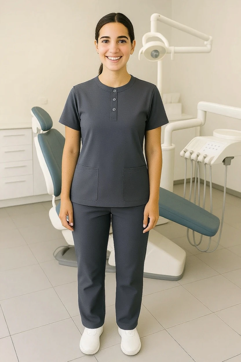 woman wearing dark gray medical scrubs
