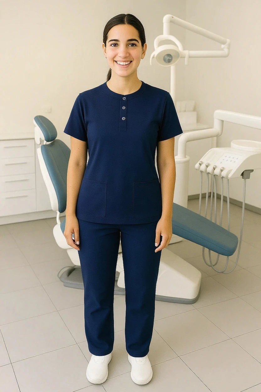 woman wearing navy medical scrubs