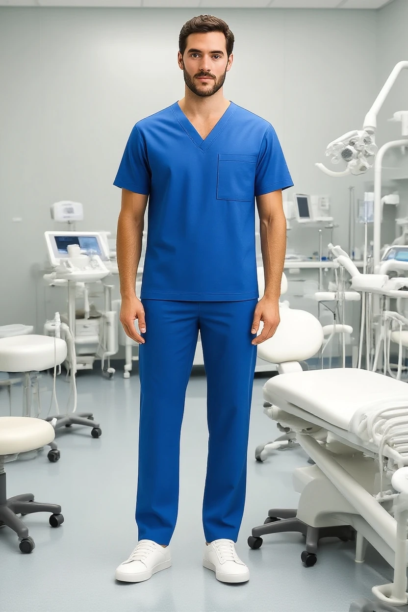 Man wearing a blue scrub set in a dental clinic