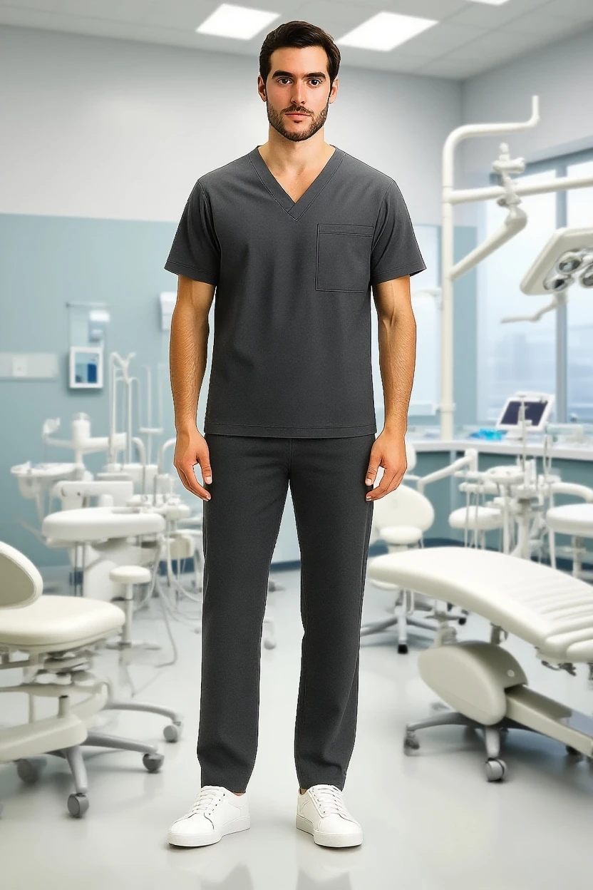 Man wearing a dark gray scrub set in a dental clinic