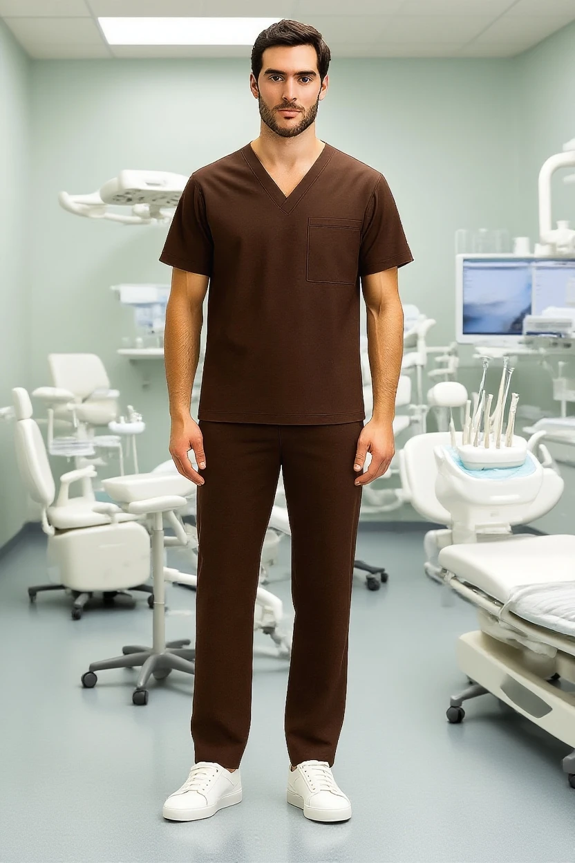 Man wearing a dark brown scrub set in a dental clinic
