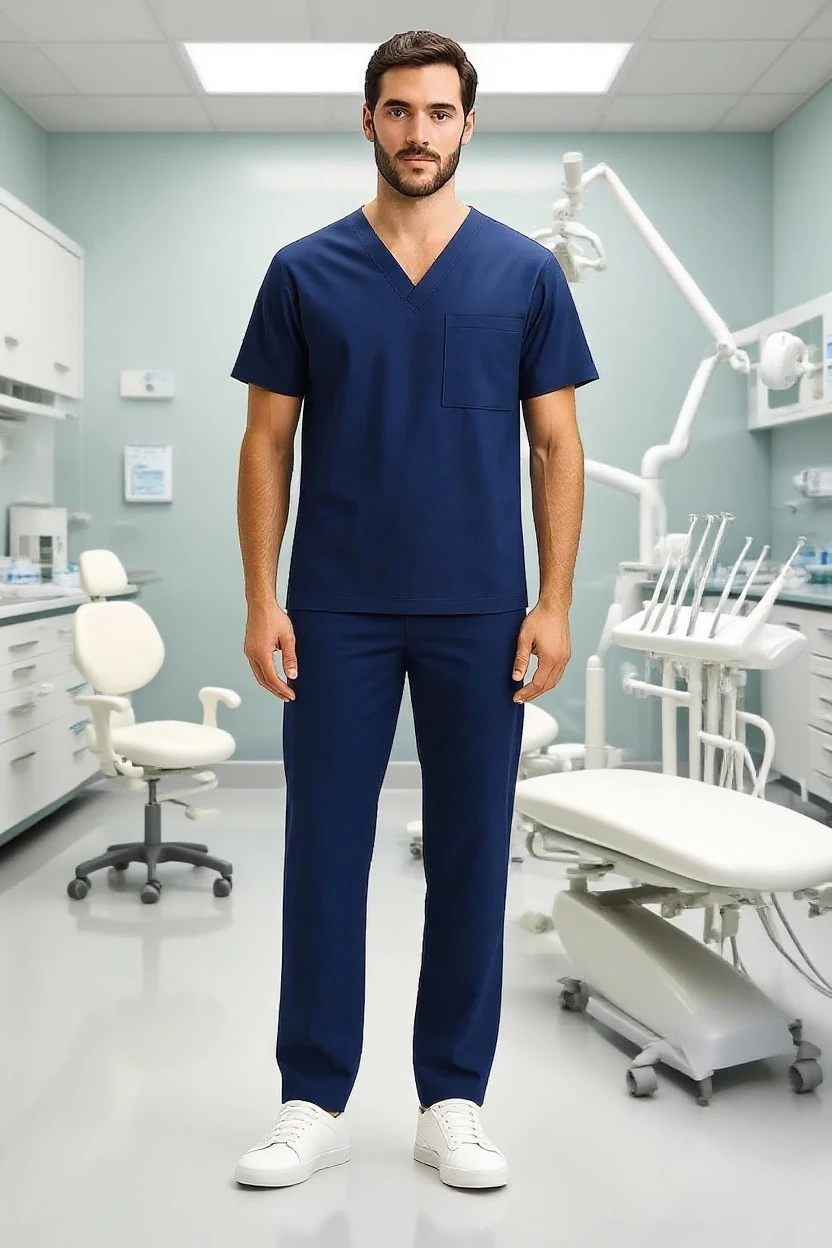 Man wearing a navy scrub set in a dental clinic