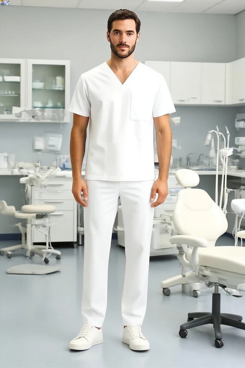 Man wearing a white scrub set in a dental clinic