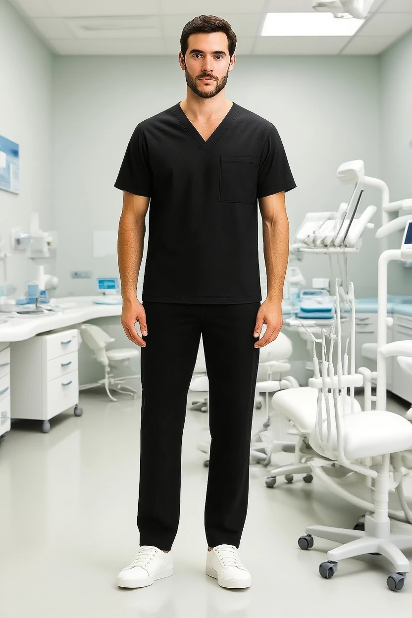 man wearing black scrubs in a dental clinic