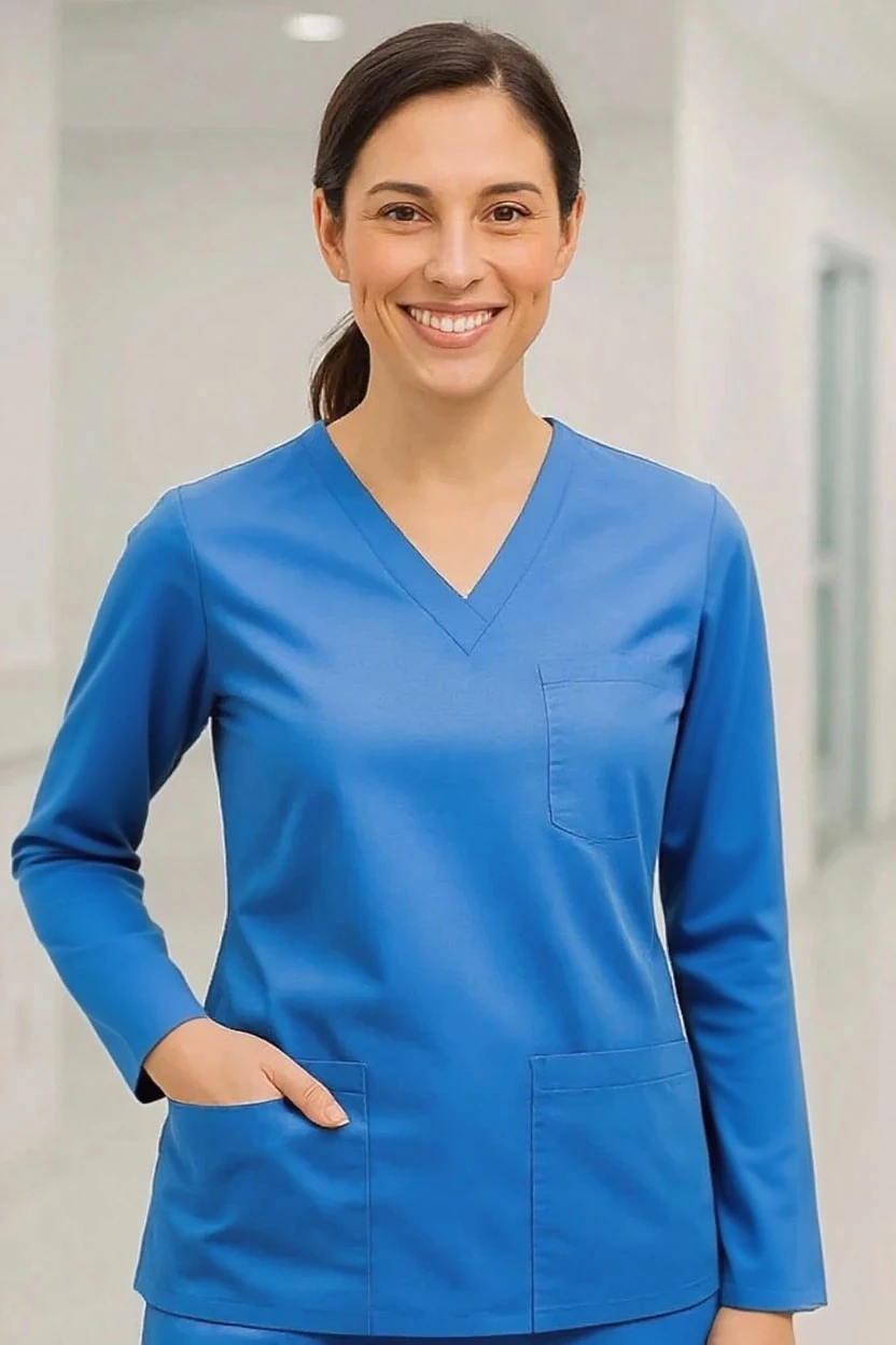 woman wearing a long-sleeve v-neck blue scrub
